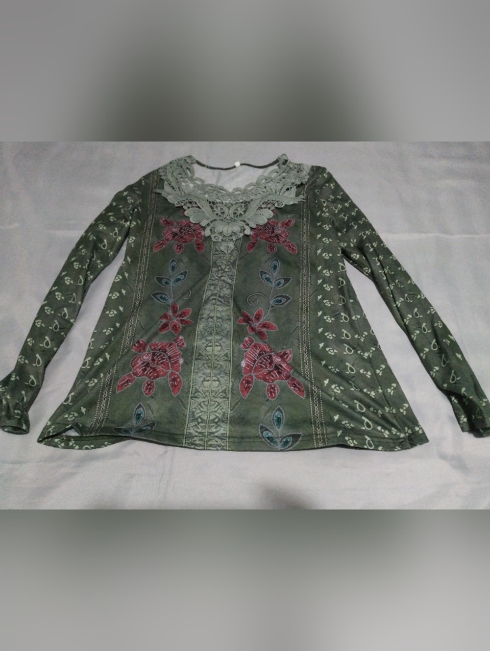 Women's Olive Green Floral Embroidered Long-Sleeve Top